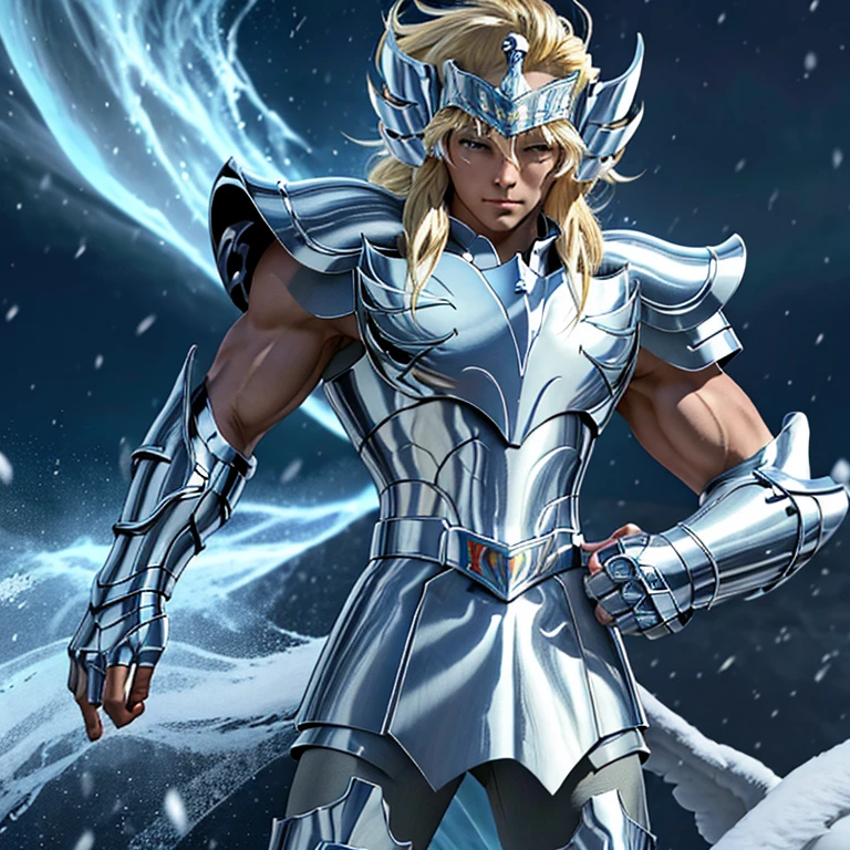 Ultra realistic, 8k, Best quality, high resolution, Alone, 1 man, Knights of the Zodiac, fingerless gloves, swan armor v2, armor made of chrome metal, simple armor, outdoors, creating a snowstorm with his hands, cosmo energy , hyoga, swan hyoga, ultimate swan 