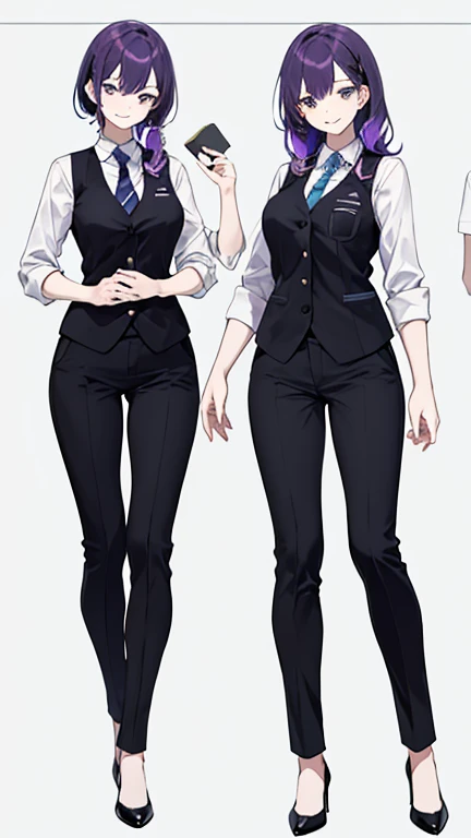 Purple haired woman,bartender,Black vest,shirt,tie,slightly larger breasts,pants,high heels,simple background,smile,whole body,full body,full body,Standing picture,vtuber,front,from front,viewer'point of view,視線をfrontに,Stand with your body straight and looking straight ahead,
