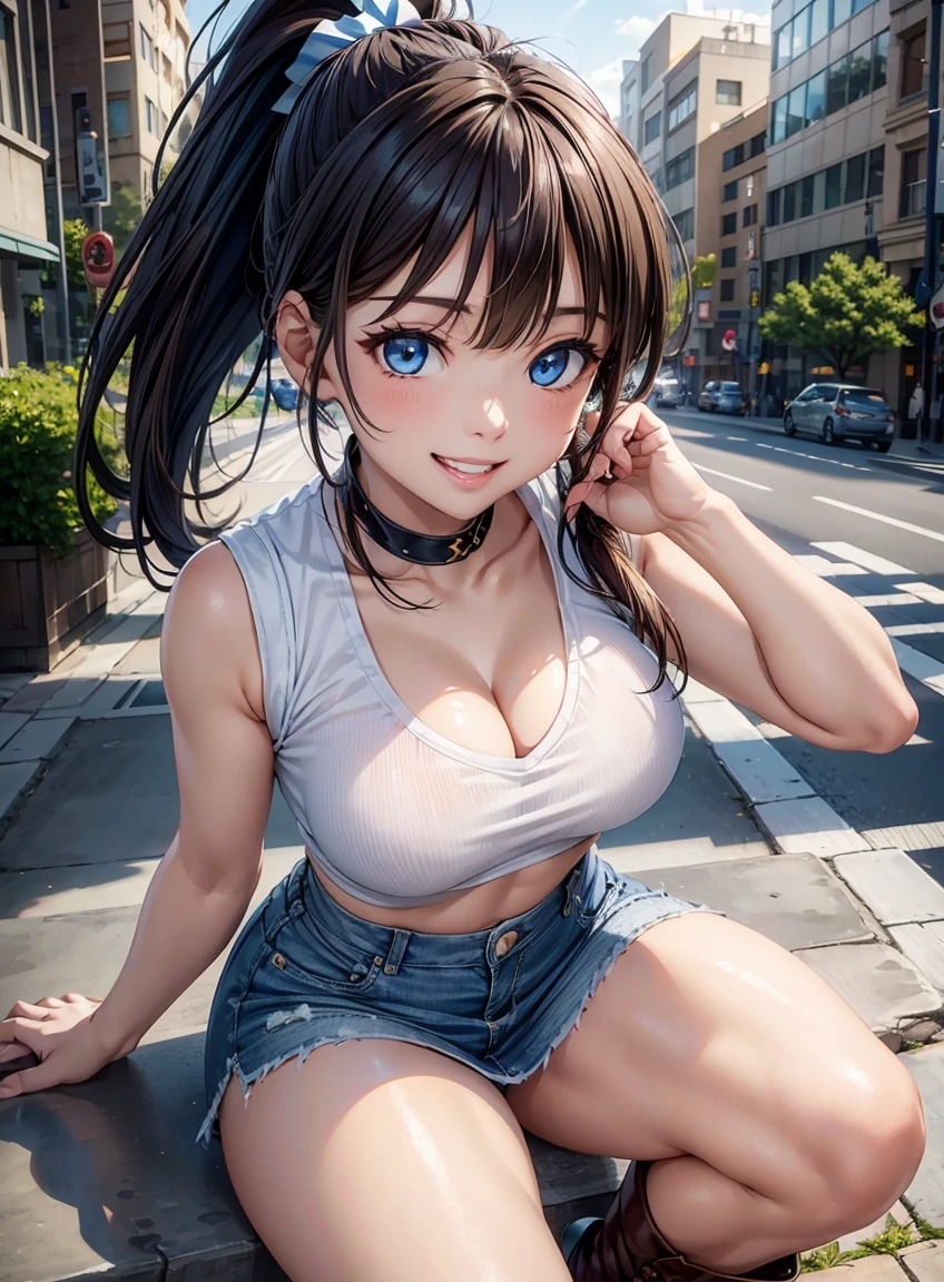 beautiful features、Japanese、brown hair、((ponytail、deep blue eyes:1.2))、shiny smooth hair, thick bangs、(smile showing white teeth:1.2), highly detailed eyes, highest quality, ultra high resolution, Beautiful and vivid illustrations、Ultra-realistic oily and shiny skin, Super fine, High resolution CG Unity 8K wallpaper, Raw photo, precise fingers, anatomically correct, Sleeveless jacket、pencil skirt、Denim look、boots、sit on the stairulti-tenant building、