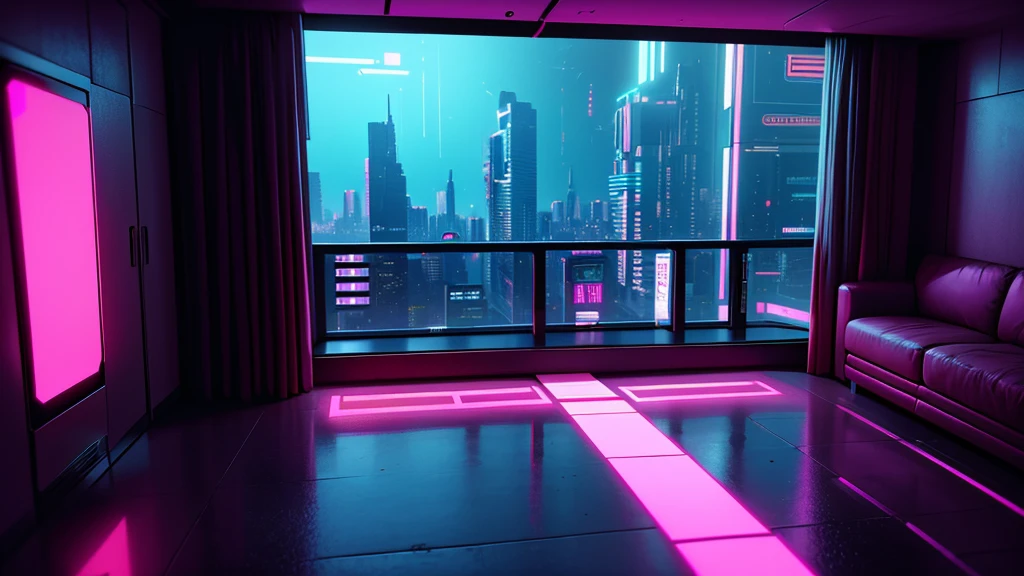 A Room With A View From A High Rise Sci-fi Bedroom. Cyberpunk 2077 & BladeRunner 2049 Inspired.
