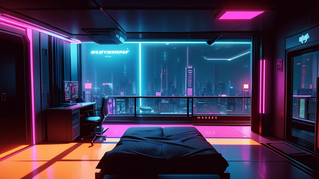 A Room With A View From A High Rise Sci-fi Bedroom. Cyberpunk 2077 & BladeRunner 2049 Inspired.
