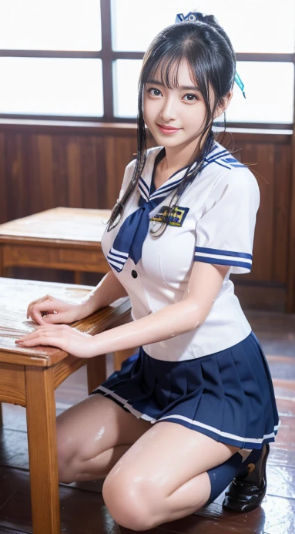 (highest quality,masterpiece:1.3,Ultra-high resolution),(Very detailed、Caustics) (Realistic:1.4, RAW shooting、)Ultra-Realistic Capture、Very detailed、Natural skin texture、masterpiece、(junior high school sailor suit:1.3)、Short-sleeved sailor uniform、1 Japanese girl、Adorable expression、Expressions of Happiness、、Young Face、Amazingly cute、Twin tails、Curly Hair、Black Hair、Scrunchie、light makeup、Big breasts that look like they might burst、Bare arms、This photo was taken in a middle school classroom.、Sit on a chair、Shining thighs、Shooting from the side、smile、An inviting gaze、The exact number of fingers on each hand、Cowboy Shot、