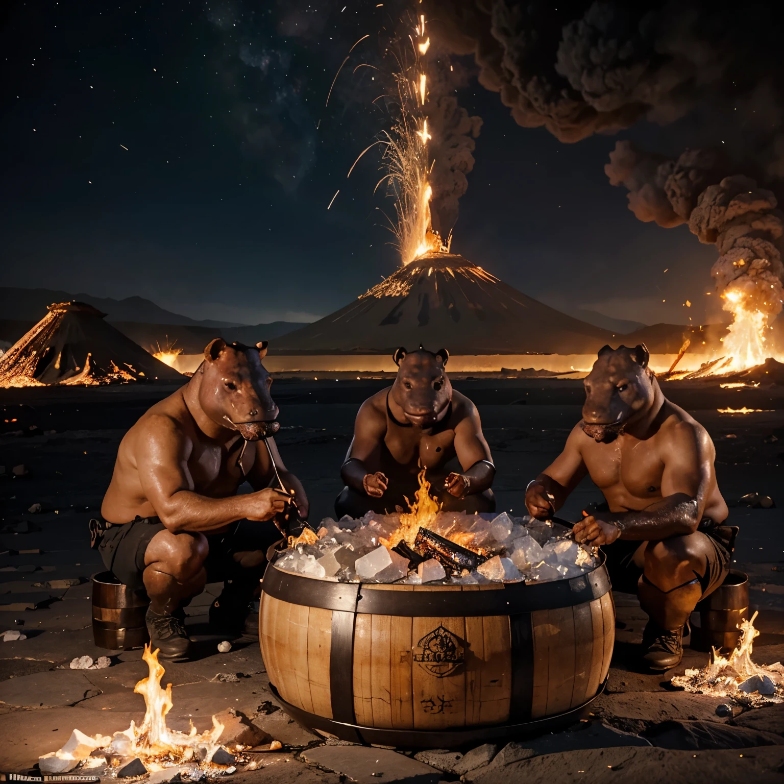 3 Hippos with each element of Fire, Ice and Natural are Playing with Barrel Bombs on a Volcano.