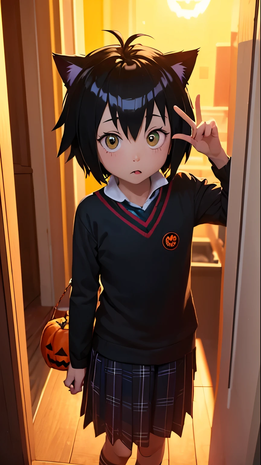 Peni Parker cat costume halloween night, dark night, dark day, holding pumpkin bag, shy, trick or treating, halloween costume, wanting candy, looking up innocently, wanting candy at your house door, halloween street in the background, cat costume, looking at viewer, standing at door wanting candy, halloween night, halloween, halloween, halloween, new york, cat costume, halloween costume,