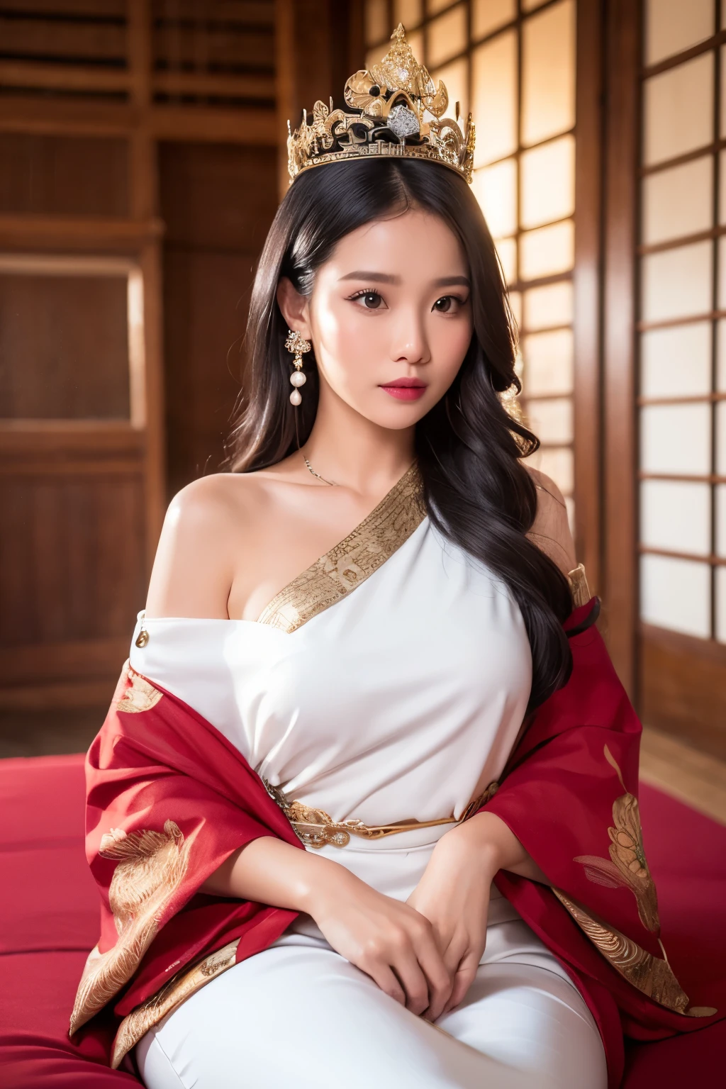 (ultra realistic 8k CG:1.2),perfect artwork,delicate pattern,intricate detail, (unparalleled masterpiece,best quality:1.2),(extremely intricate:1.2),a woman in Balinese traditional clothes, a woman wears princess crown, hair stick,(sitting on red bed),Cosmetic,black_hair, balinese_clothes, curtains, earrings, hair_ornament, indoors, jewelry, red nails, long_sleeves, red lips, tassel, (ancient Japanese architecture),night