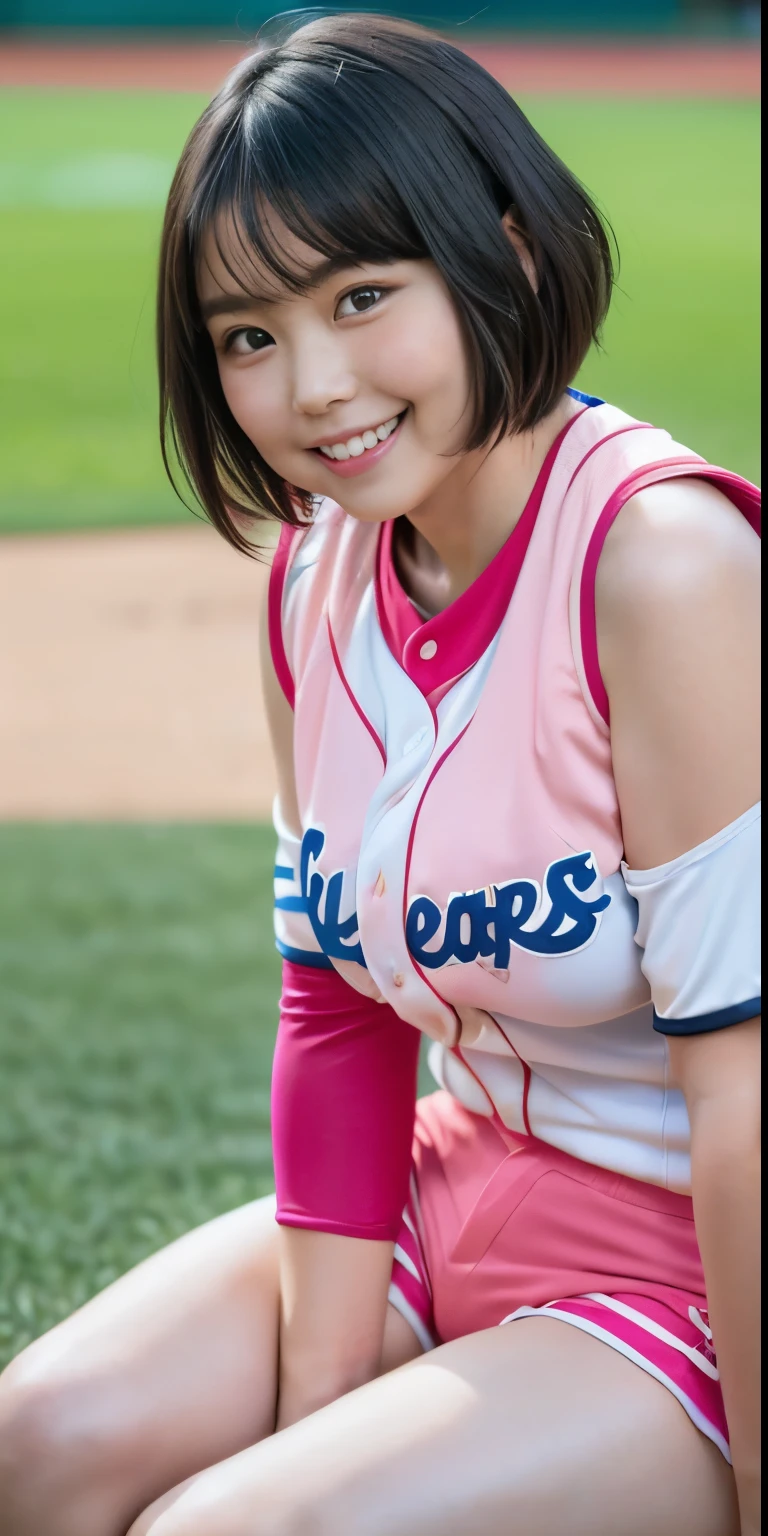 （8K、Raw photography、highest quality、masterpiece：1.2),(black haired、very short hair:1.8),(twin mitsu braid:1.4)、show viewer,Looking at the front,erotic,白いskin,(pink baseball uniform:1.6)、()、(Clothing that emphasizes the shape of your chest、publish one&#39;skin:1.5)、(big breasts :1.4)、slim body shape、ultra high resolution,beautiful,beautiful fece,(alone、no background:1.9),whole bodyボディー,japanese woman,（Photoreal：1.37）、photon mapping,reality、(Baby-faced and cute: 1.0)、(cute smile: 1.7)、(With a round face: 1.7)、radio city、Physically based rendering、depth of field rally background、photograph, (I can see your knees、very short shorts、close up of thighs:1.6),（:1.4）,whole body、super fine