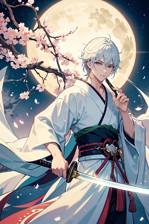 Homen, swordsmen of the mist, com kimono branco, com uma katana, embaixo de uma arvore de sakura, com a luz da lua ao fundo