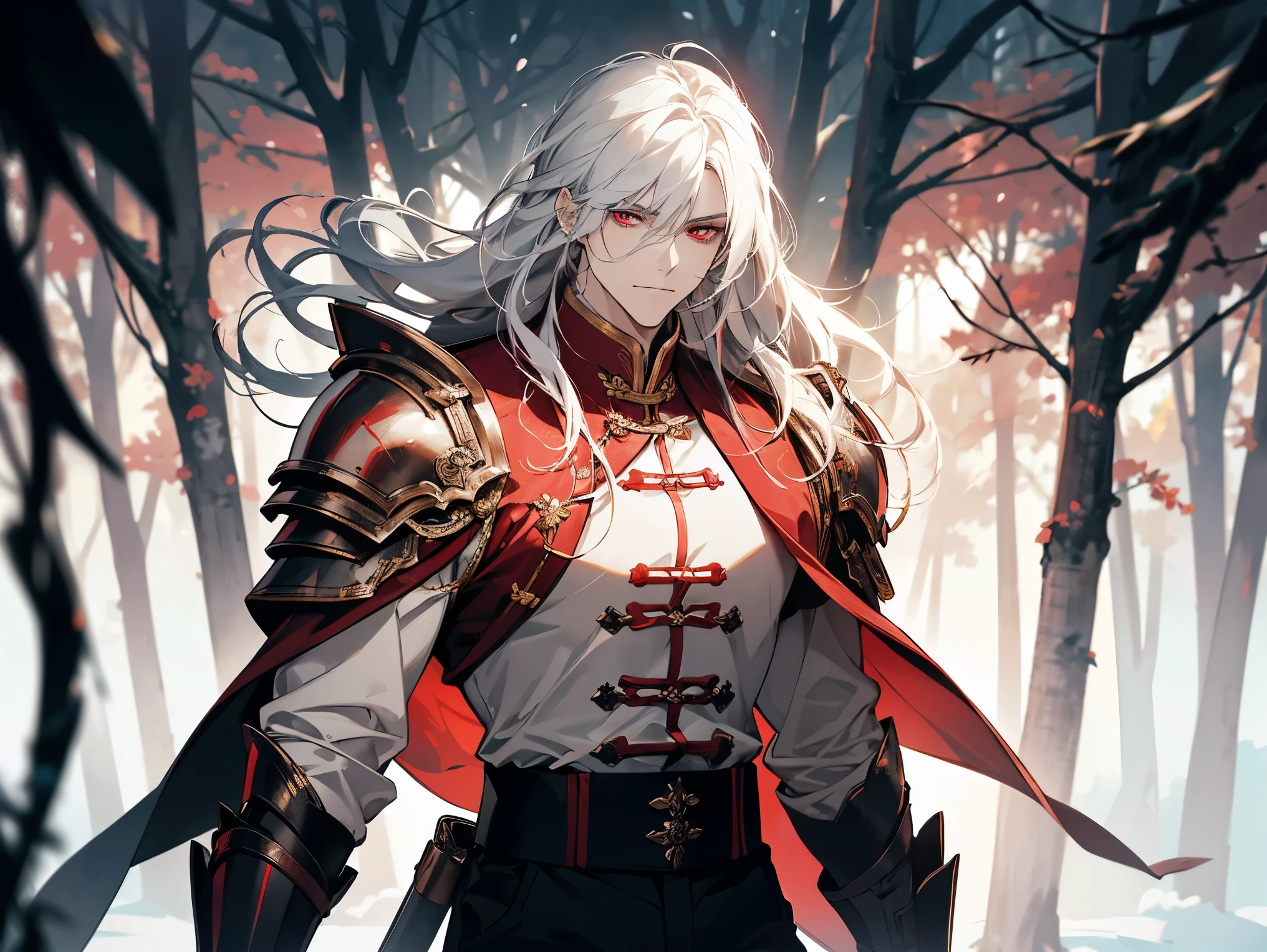1 man, teacher, wearing white shirt, red adventure suit with some armor, black long pants, white hair, long hair, red eyes, not a serious face, face to detail, detailed eyes, the background is a forest in china