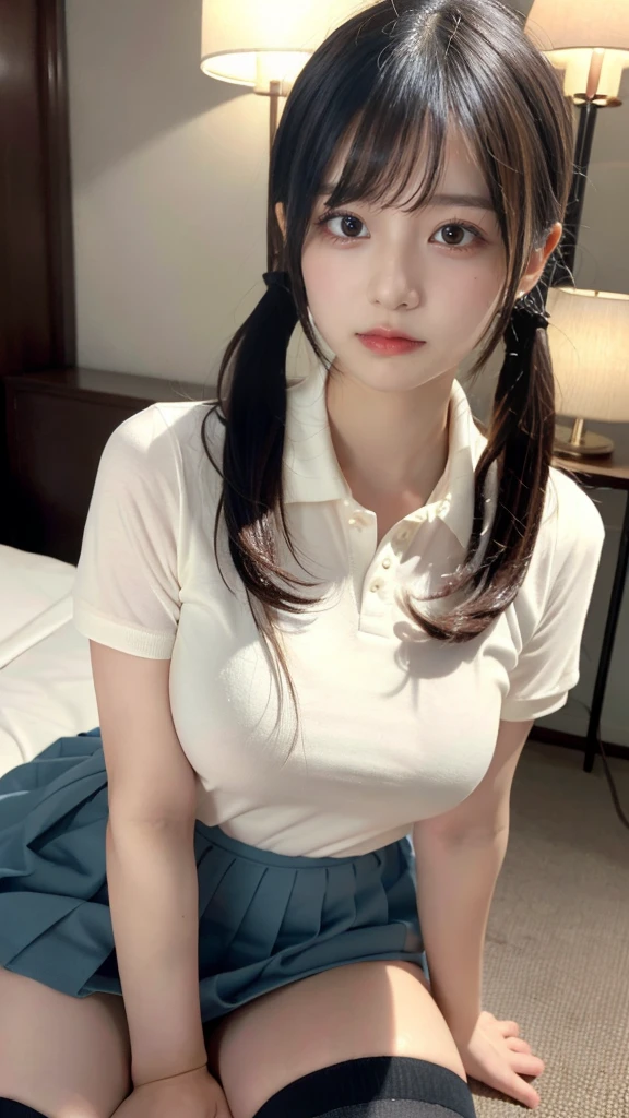 muste piece, best quality, illustration, Super detailed, fine details, High resolution, 8K,wall paper, perfect dynamic composition,(Details High quality, realistic depiction of eyes:1.3), (Polo shirt with collar), pleated skirt, knee high socks, twintail, Lying down, black hair color, Big Natural Color Lip, bold sexy pose, (perfect body shape), crying a little、cold gaze, Harajuku style、20 year old girl、cute type、ta、beautiful legs, hotel room, hposing Gravure Idol, Voluptuous thighs