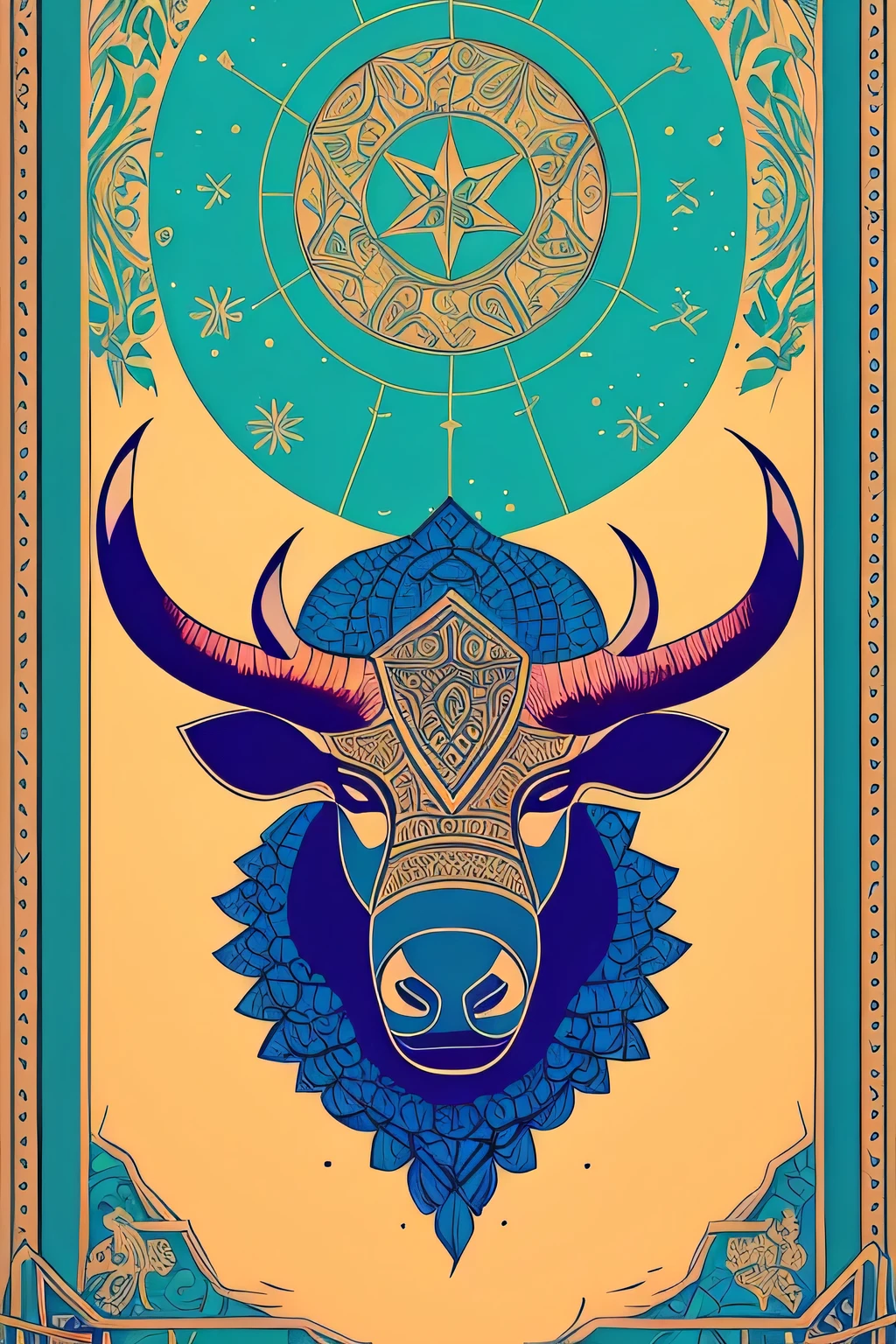 Illustration of a zodiac,sign tauros, digital art, illustration, digital illustration,solid color backdrop, vintage