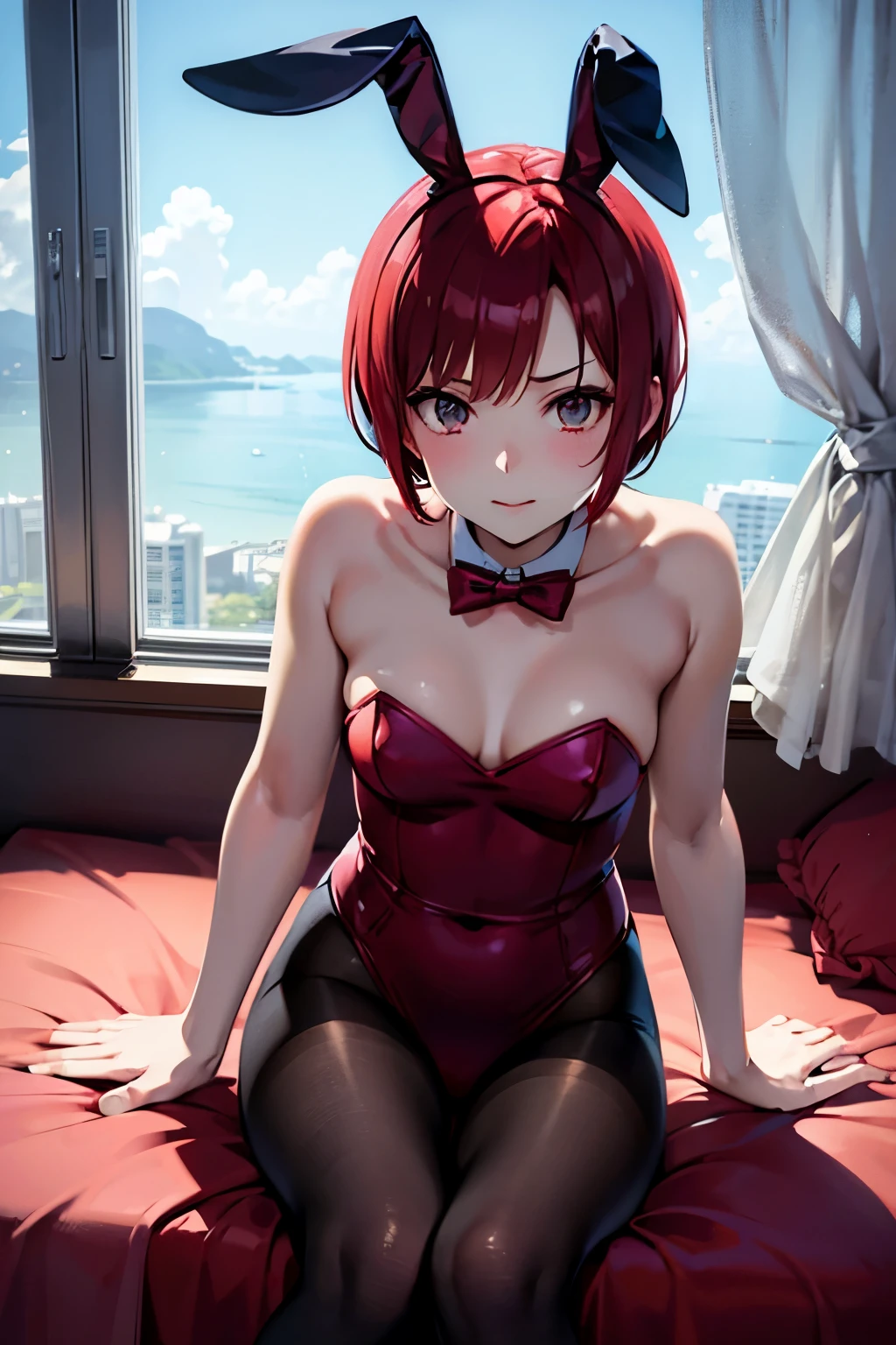 rio, red hair、short hair、Bunny girl、pantyhose、Photo from below、medium chest、Bedroom、bunny ears