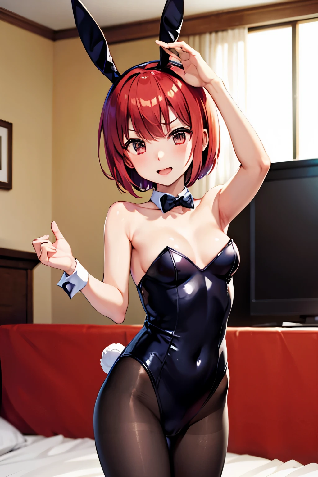 rio, red hair、short hair、Bunny girl、pantyhose、Photo from below、medium chest、Bedroom、bunny ears
