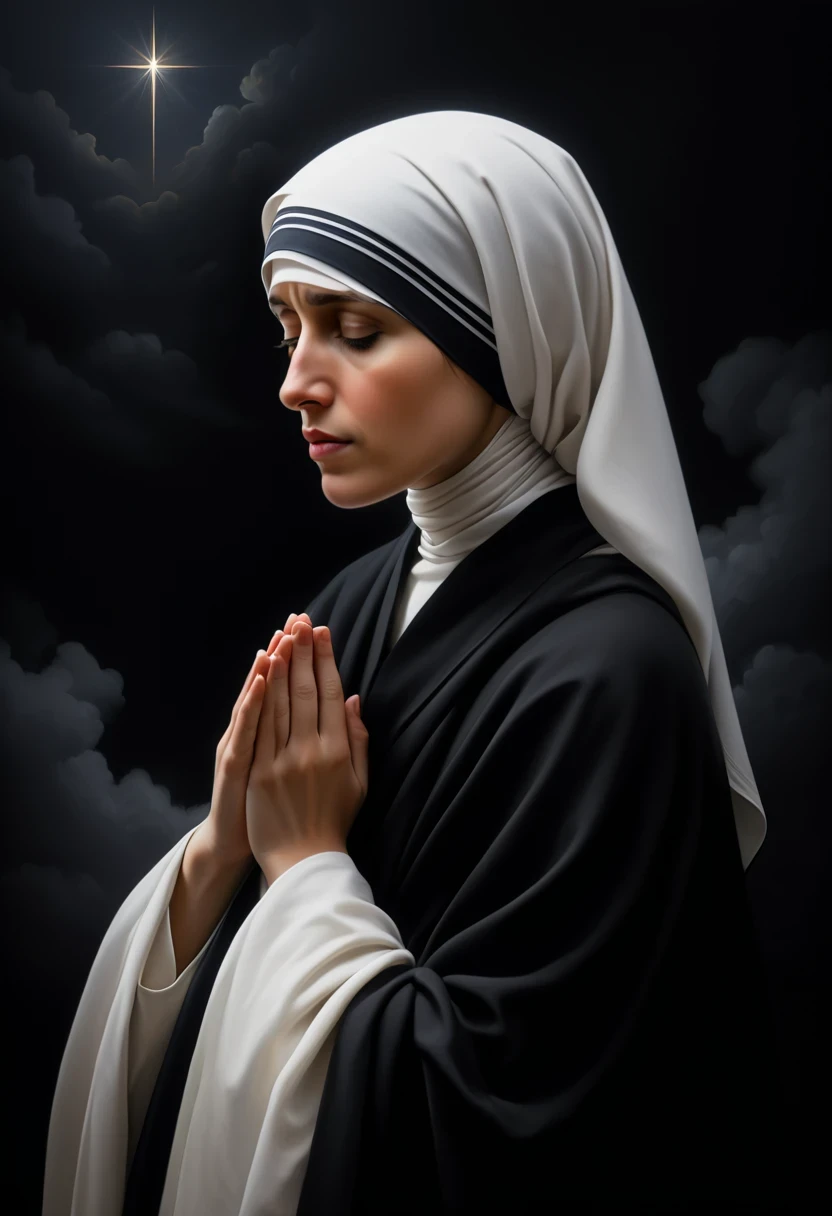 Blessed Teresa of Calcutta，Mother Teresa，It seems like a silent religious painting，Silently telling of her faith and dedication，She was wearing a black robe.，The black is deep and solemn，Like the depths of the night sky，It symbolizes the deepness and piety of the nun&#39;s heart.，The cut of the robe is simple and smooth，No extra embellishments，It exudes a simple and elegant temperament，Her headscarf is as white as snow，Wrap the head tightly，As if it is a symbol of her pure heart，The edges of the headscarf are slightly curled，Exuding a natural elegance，In the corner of the headscarf，A small black cross hangs quietly，Flashing with a faint but determined light，That&#39;s a sign of her faith.，This is also the creed she adheres to.，