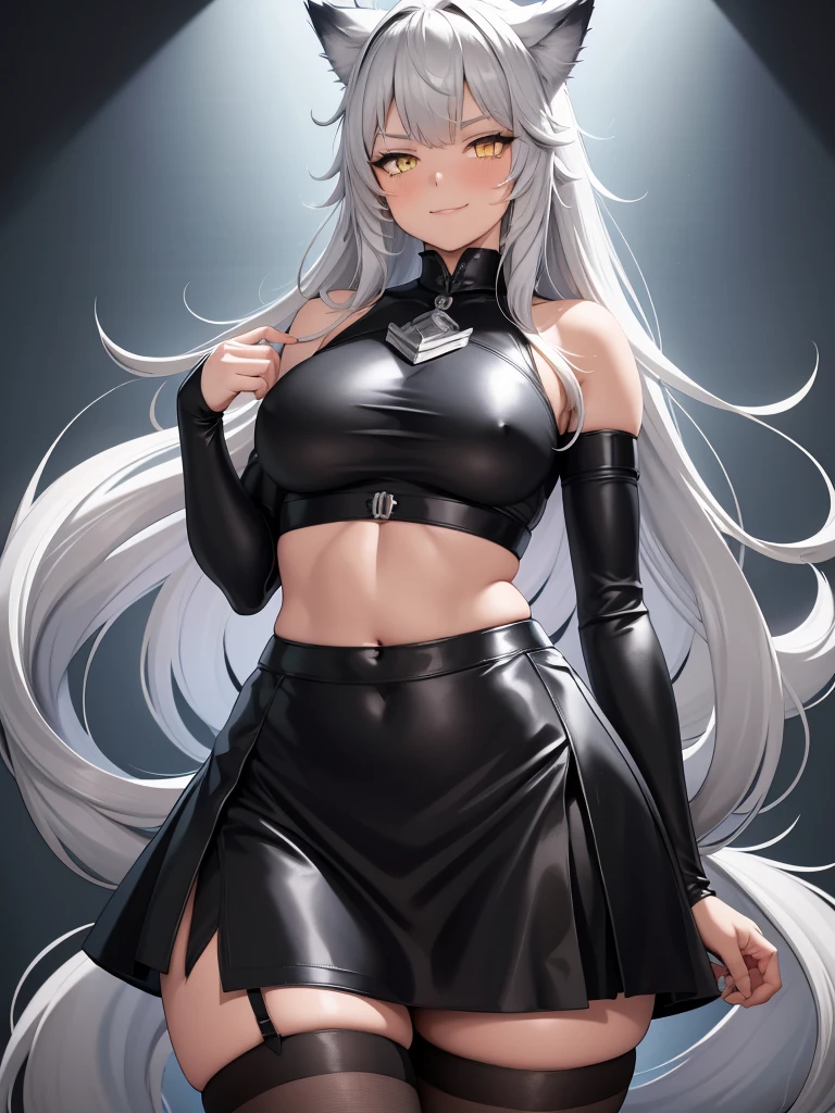 8K, Full body portrait, single young woman, especially detailed face, masterpiece, wallpaper, highlydetailed face, ultra-detailed face, beautiful and aesthetic wolf tailed girl, athletic body, big breasts, curvy, long hair, gray-silver hair, a young cute wolf woman, wolf ears, cute wolf tail, long wolf tail, fluffy wolf tail, wolf-like irises, beautiful, enchanting, bright yellow eyes, detailed eyes, ultra-detailed eyes, accurate eyes, detailed irises, correct body proportions, elegant, small vertical scar under right eye, small rosy lips, big breasts, slender elegant arms, pretty hands, detailed hands, charming, slight blush, smug smile, black edgpshorts with stylish metal chains and a black top, detached sleeves, light black armor, armored long bike shorts and skirt on top of them, two piece outfit, black armored fur cloack, black metal armor, silver metallic ornaments, bare off shoulders, toned abs, exposed belly, standing pose, cute pose, black thighigh on left leg, sole girl