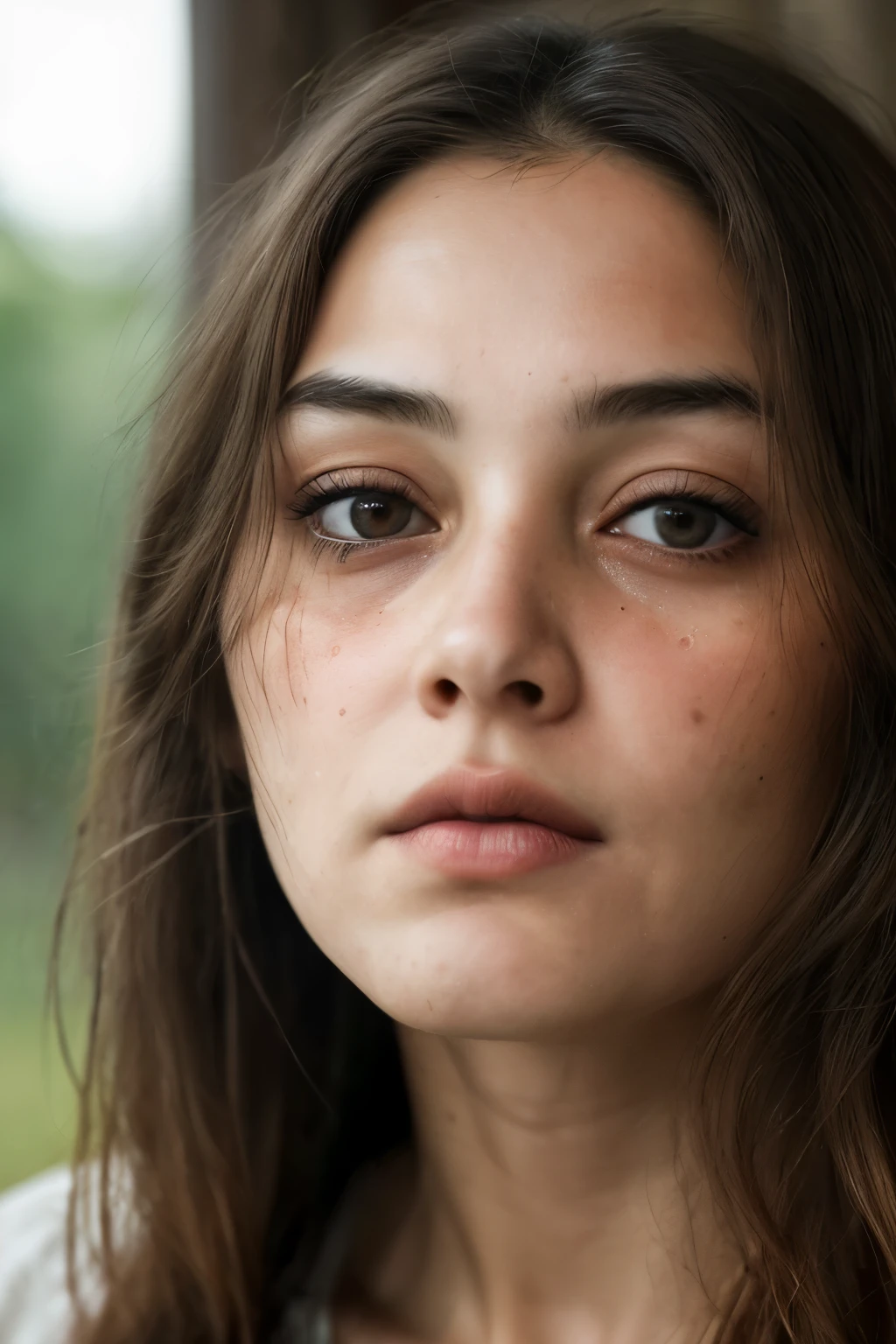 A woman with a face etched with signs of loneliness, realistic rendition. Her features are sharply defined, the hollows of her cheeks subtly pronounced, her brow furrowed, and her eyes welling up with unshed tears. Her skin is smooth yet textured, pores visible beneath the delicate surface. The sun casts long, melancholic shadows on her face, highlighting the vulnerability in her expression. Her lips are pressed into a thin, sorrowful line, and her gaze lingers on the viewer, as if imploring for understanding or companionship. The image is a poignant portrayal of solitude, capturing the depth of human emotion with remarkable clarity and detail