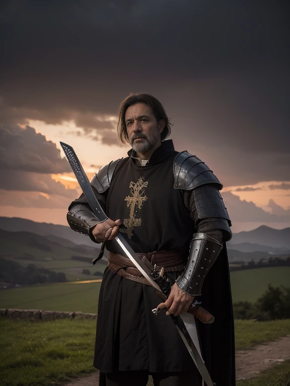 Freehand painting，medieval castle，Middle-aged man in peasant attire，Holding a long sword，Dark sky，Without sunlight，Many soldiers in armor