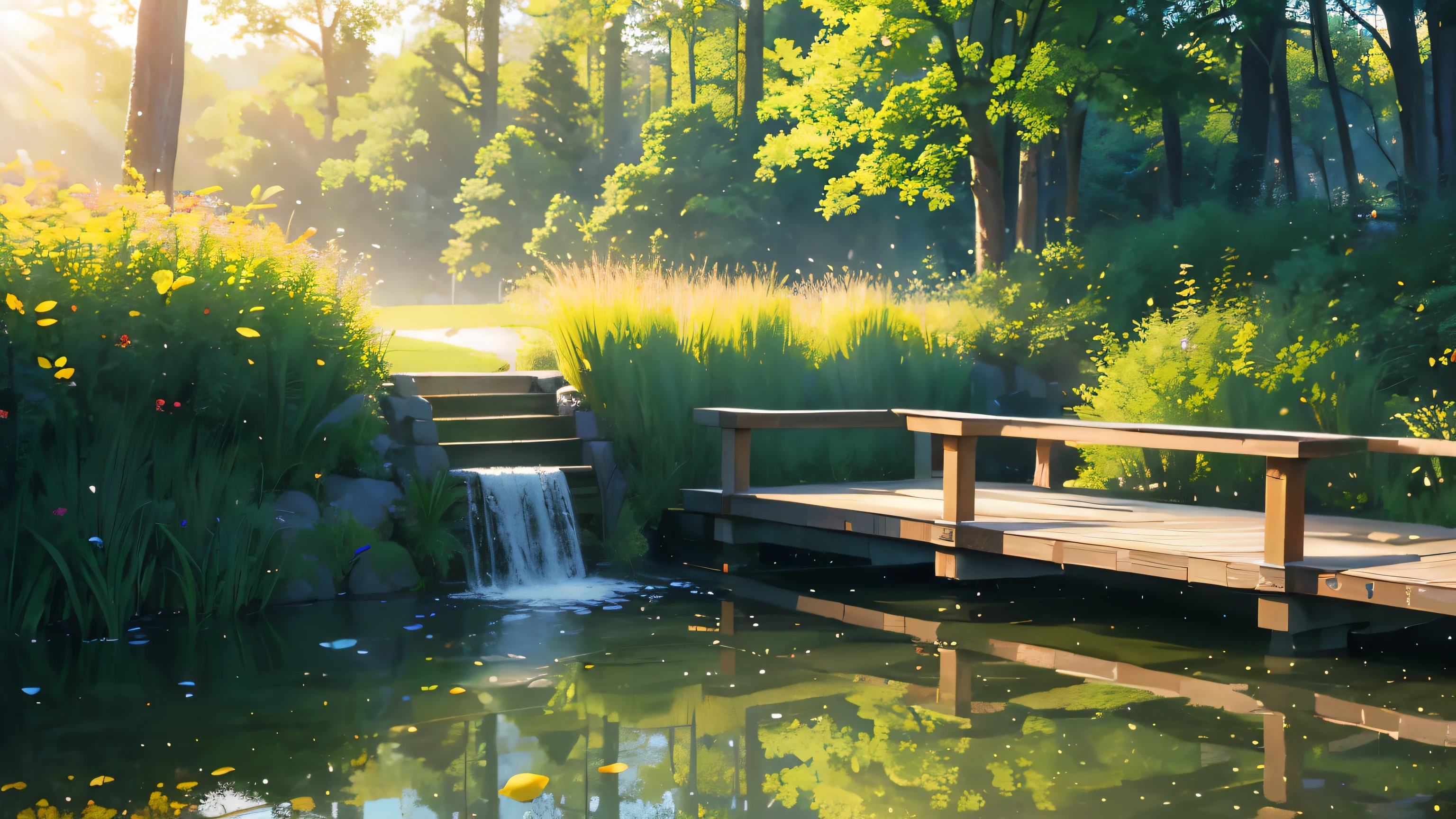 wallpaper, summer pond, pond, wooden bridge, afternoon sun, pond background, depth of field, hot weather, hd detail, wet watermark, hyperdetail, film, surrealism, soft light, deep field focus bokeh, ray tracing, diffuse (ultra-fine glass reflection) and surrealism. --v6