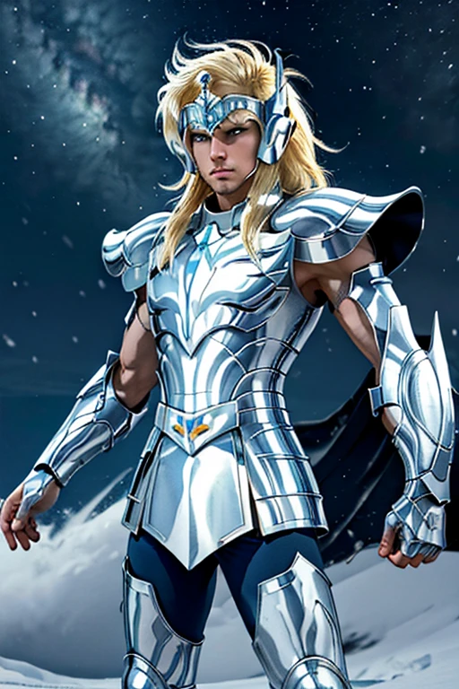 Ultra realistic, 8k, Best quality, high resolution, Alone, 1 tall man, Knights of the Zodiac, fingerless gloves, very white man, pale skin, blonde man, swan armor v2, armor made of chrome metal, simple armor, cosmic snow storm, creating a snowstorm with his hands, cosmo energy, hyoga, ultimate swan, dynamic pose, attack, speed.