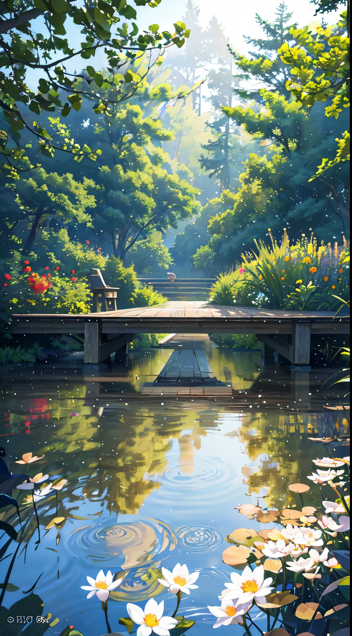 wallpaper, summer pond, pond, wooden bridge, afternoon sun, pond background, depth of field, hot weather, hd detail, wet watermark, hyperdetail, film, surrealism, soft light, deep field focus bokeh, ray tracing, diffuse (ultra-fine glass reflection) and surrealism. --v6