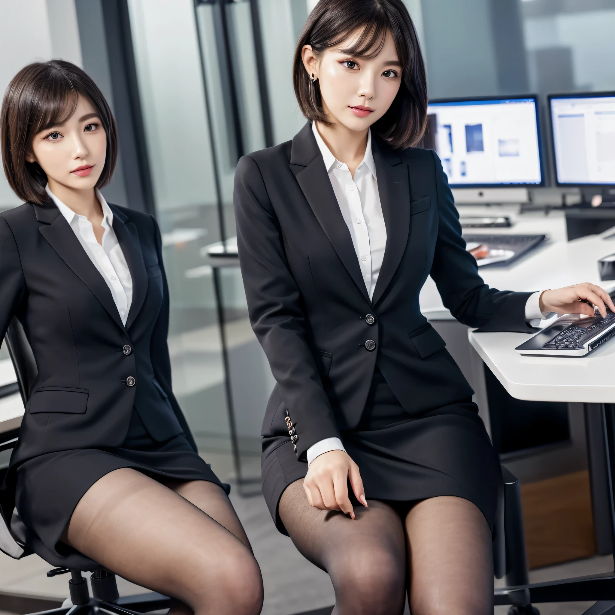 The face is :9,1714884241], Elegant upper-class elite secretary in a business shirt, sit on chair，working in an office、wearing a strict business suit, (Wear pantyhose)、(Short Layer Hair)、Crossed legs, Wear high-end heels、 (thighhighs and skirt), Girl in shirt, dressed in a suit, dressed in a suit, dressed in a suit, Merchant, Business clothes, wearing black suits, Wear a shirt and skirt, Woman in a suit, Business attire, business outfit, RAW photo, (8K、top-quality、tmasterpiece:1.2)、(intricately details:1.4)、(Photorealsitic:1.4)、octane renderings、Complex 3D Rendering Ultra Detail, Studio soft light, rim lights, vibrant detail, super detailing, realistic skin textures, Detal Face, Beautiful detail eyes, Very detailed CG Unity 16k wallpaper, Makeup - makeup, (detailedbackground:1.2), Bare with thighs!!!,