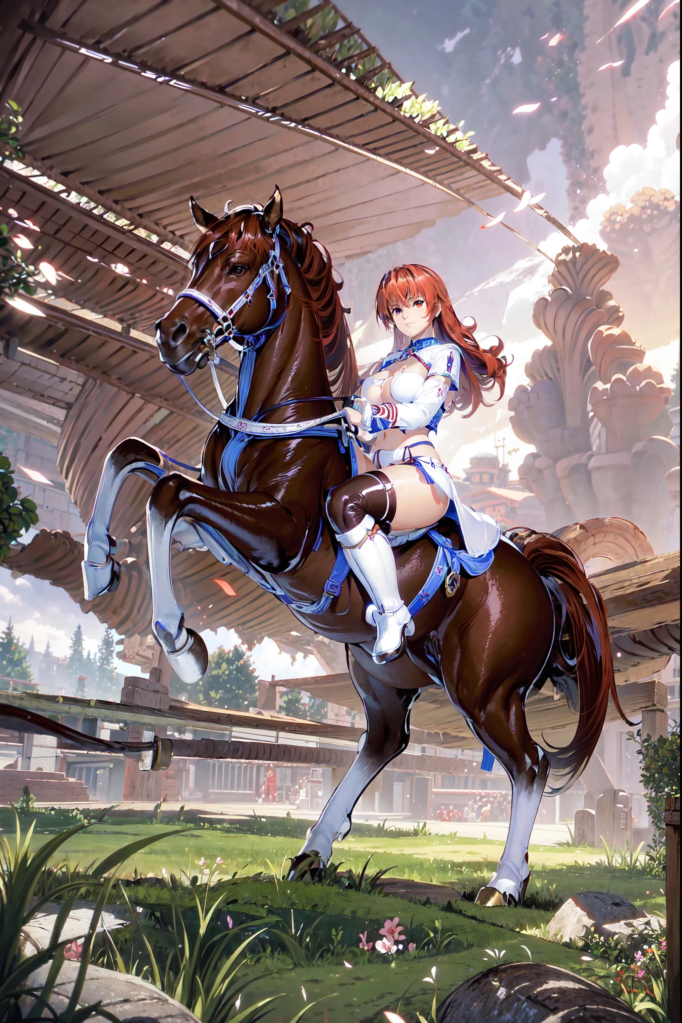 4k, masterpiece, solo, long hair, straight hair, between eyes bangs, {red hair}, brown eyes, large breast, riding on a white horse, (white horse: 1.0, bridle, saddle, stir ups, reins: 1.2), grass land,(warrior armor, pink miniskirt, white boots), anatomically correct,