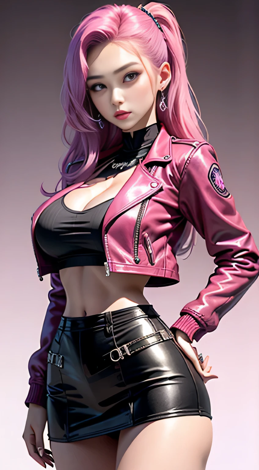 sfw, magenta tint、Bright colorasterpiece)))、(((top quality)))、((Super detailed))、(surreal)、(Very detailed CG illustrations)、official art、CD cover、This will be、midsummer、fashionable、The glorious 1980s、cruel beauty、cochetti gorgeous、gorgeous、Colorful hair、rock music、leather jacket、miniskirt、women only、perfect angle、Perfect composition, wearing bra,((skinny waist)), young asian girl, ((big breasted)),