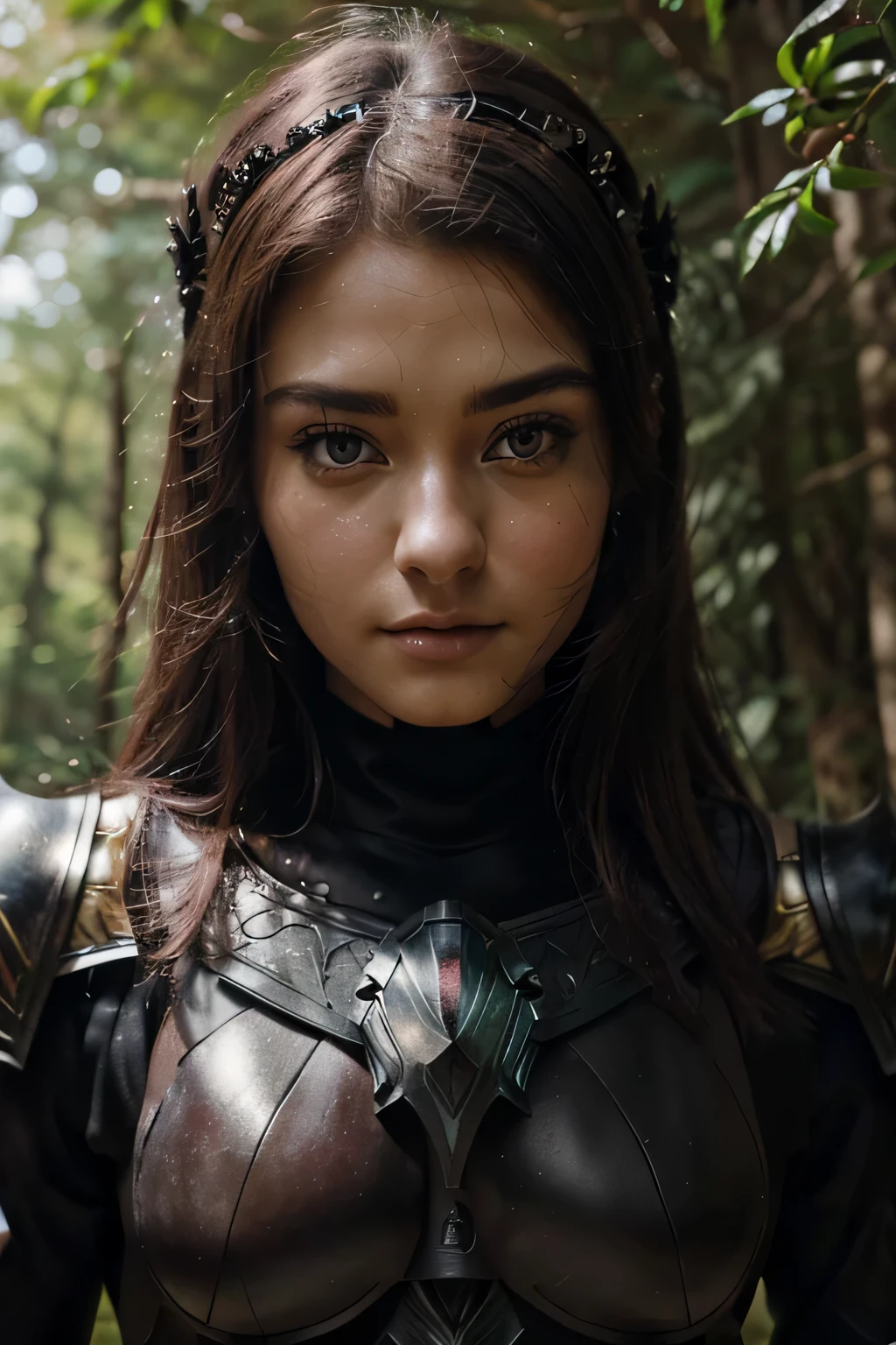 a sserafimsakura, perfect eyes, (ultra realistic:1.5), (standing in forest:1.2), (close-up photo:1.5), (black paladin armor:1.2), (intricate:1.2), (looking at camera:1.2), (best quality:1.2), 