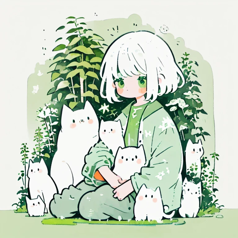 a girl，white hair，girl holding cat，messy lines，draft style，Watercolor texture，Casual coloring style，green tint，plant，only green and white，