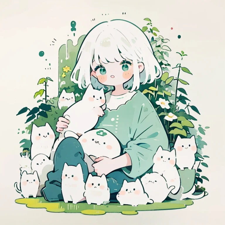 a girl，white hair，girl holding cat，messy lines，draft style，Watercolor texture，Casual coloring style，green tint，plant，only green and white