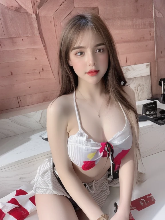 (Realistic、chef-d&#39;ouvrages d&#39;art、best quality、8K、high resolution、high resolution:1.3)、1 fille、huge 、bikini blanc、pale white skin、regarder les téléspectateurs、Visage et yeux super fins、Cheveux longs、interior、 Haut du corps、