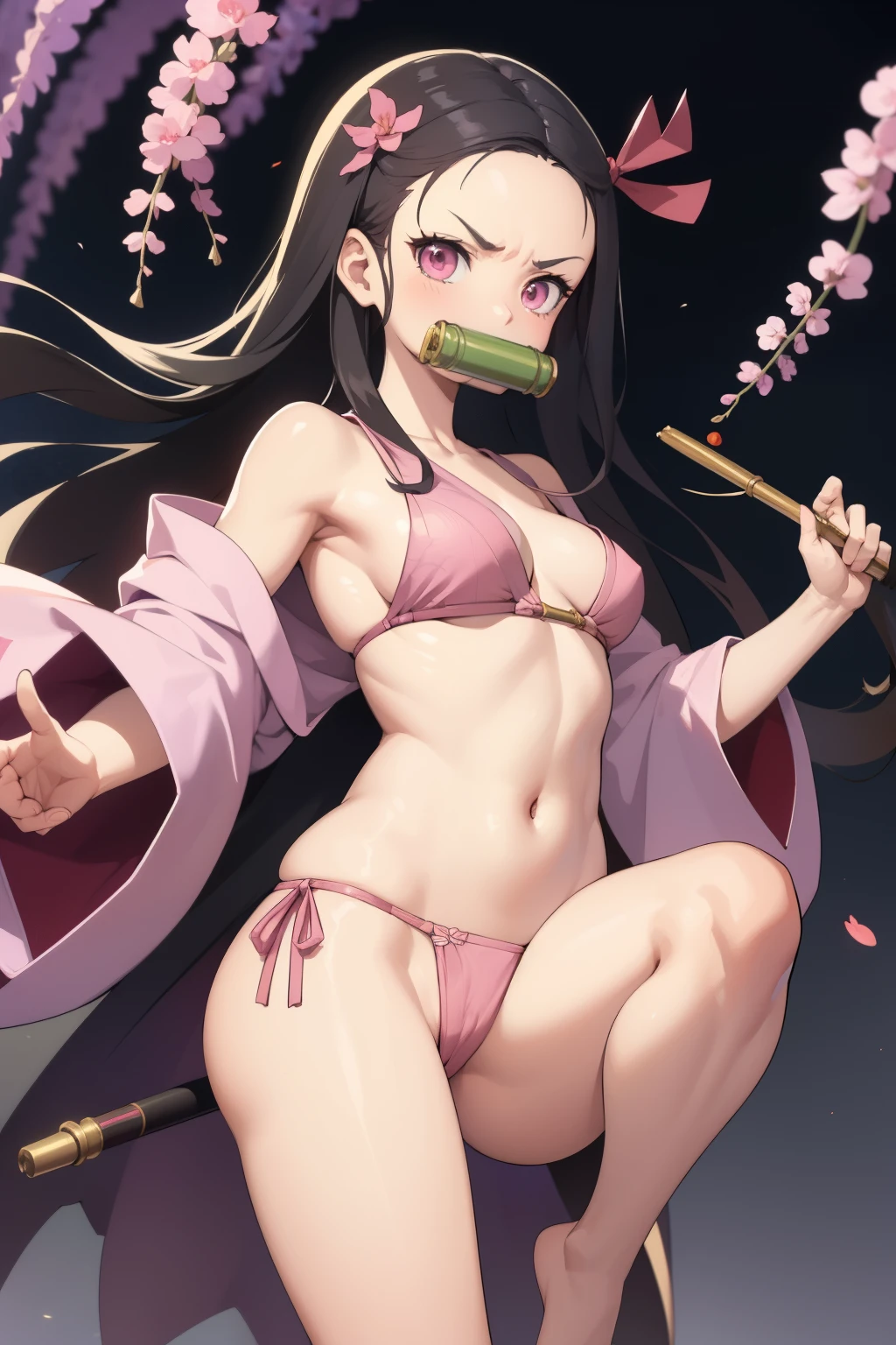 (masterpiece, best quality:1.2), 1girl, solo,standing_split, masterpiece, (pink kimono) , breasts out, show breasts  angry face, good lighting, low-cut, fine details, masterpiece, glowing eyes, , angry  1girl, black hair, gag, bamboo, Nezuko Kamado, wisteria background, masterpiece, best quality, POV, whole body, wide hips, pantie , raising the leg high kick, front
