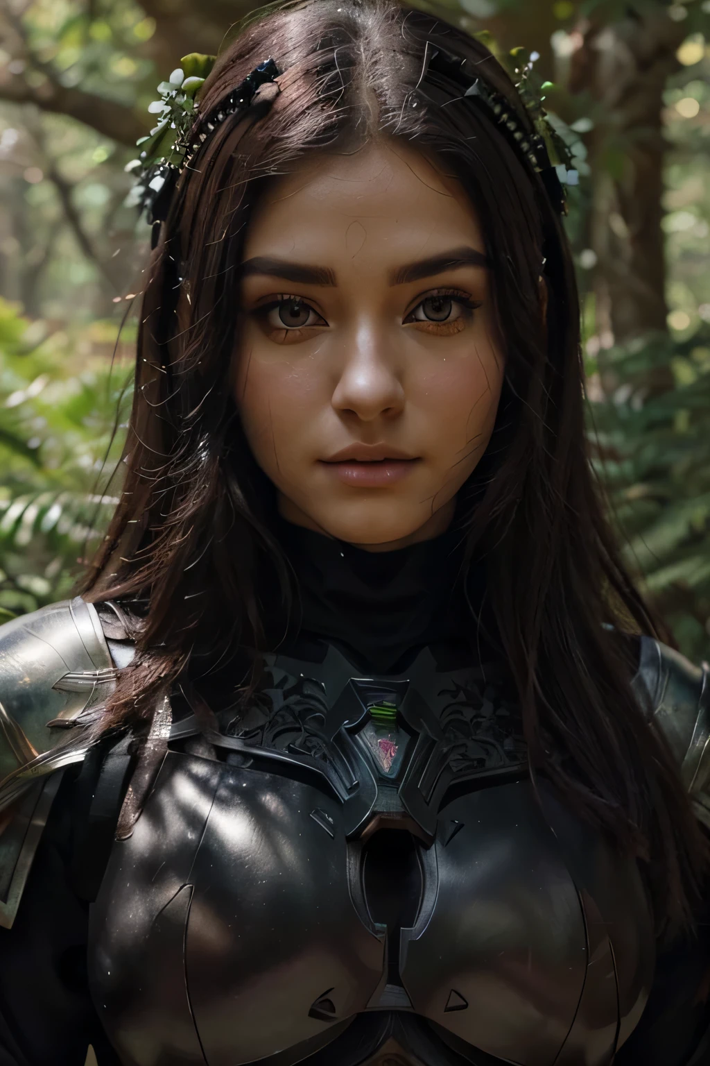 a sserafimsakura, perfect eyes, (ultra realistic:1.5), (standing in forest:1.2), (close-up photo:1.5), (black paladin armor:1.2), (intricate:1.2), (looking at camera:1.2), (best quality:1.2),