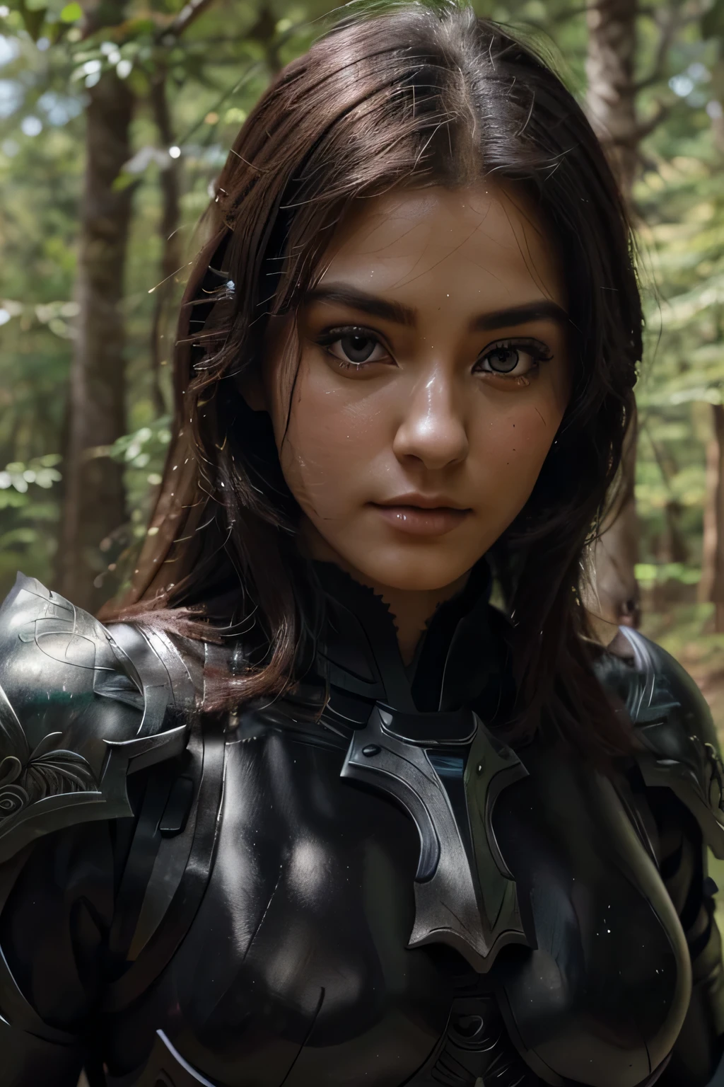 a sserafimsakura, perfect eyes, (ultra realistic:1.5), (standing in forest:1.2), (close-up photo:1.5), (black paladin armor:1.2), (intricate:1.2), (looking at camera:1.2), (best quality:1.2), 