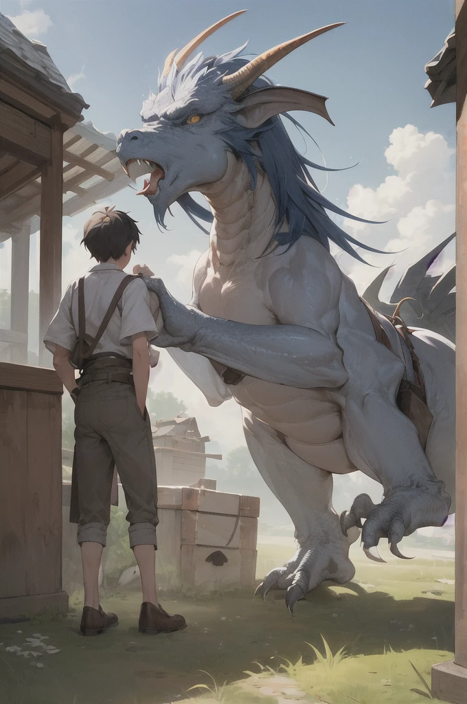 man, 欧洲middle Ages，dim，Western dragon，mailbox, Keep, outdoor, bird, permanent, cloud, 1 boy, arms, from behind, Sky, cloudy Sky, animal, Keep arms, Western dragon, monster, 1other, have, FOG,  middle Ages