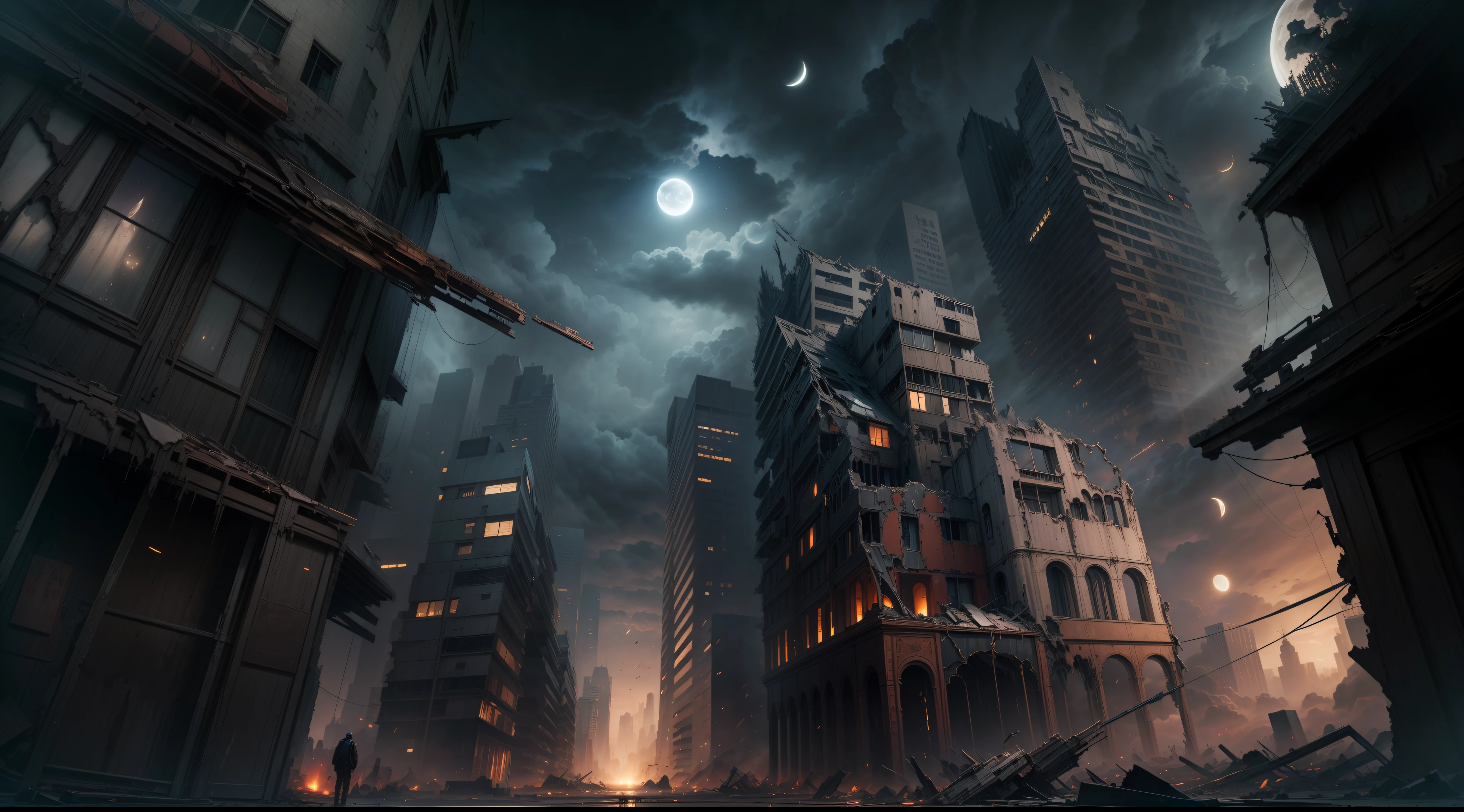 (Masterpieces of masters,High qulity,Very detailed,Perfect work of art,CG),Look for,Abandoned Sky City,Collapses,Disintegrate,ruins,Dark clouds obscure the moon,terrifying atmosphere