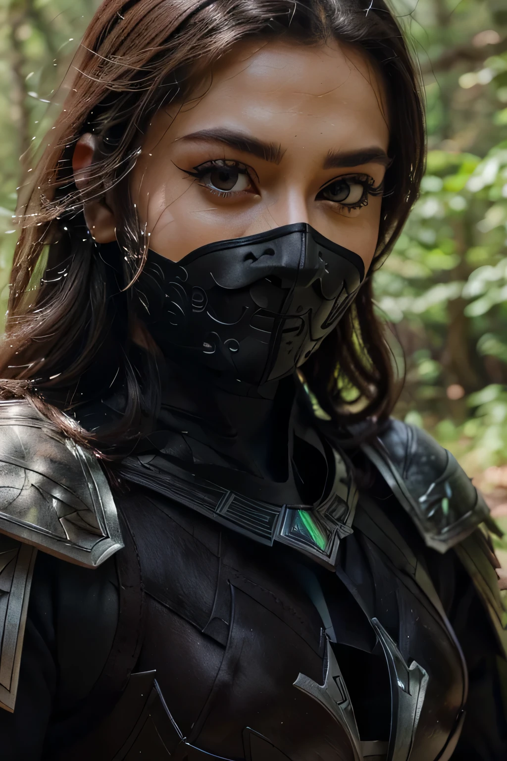 a sserafimsakura, perfect eyes, (ultra realistic:1.5), (standing in forest:1.2), (close-up photo:1.5), (black paladin armor:1.2), (intricate:1.2), (looking at camera:1.2), (best quality:1.2), 