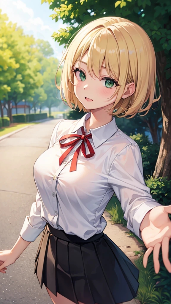 ((Highest quality))、(masterpiece)、night,、(Girl in the grass under a tree)Subjective、(back view)looking back、arms behind back、(handcuffs)、Upper Body、1glr,(colored inner hair Blonde + purple inner hair))、score_9, score_8_up, source_アニメ,, NoahSleepwear, medium hair,、)Emerald Eyes、(A girl in a doctor's white coat and a red undershirt)medium breasts、pointy breasts、Purple hairpin。valley、(drunk:1.2)