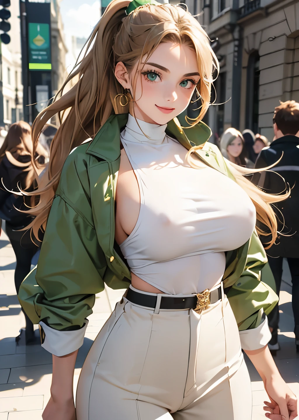 Female((20-years old)), hair((wavey, Golden brown)), Eyes((smart Eyes, Green)), Clothes(London Fashion Week, light white), Smiling, Breast Out, Ponytail, Accessories, covered nipples