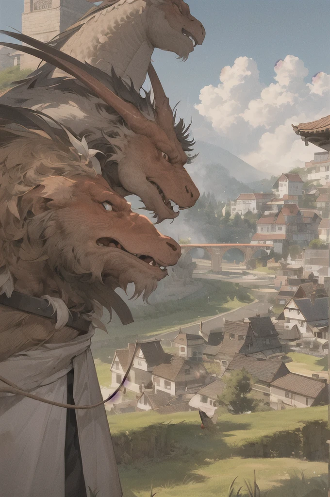 man, 欧洲middle Ages，farmer，dim，Western dragon，mailbox, Keep, outdoor, bird, permanent, cloud,  arms, from behind, Sky, cloudy Sky, animal, Keep arms, Western dragon, monster, 1other, have, FOG,  middle Ages，farmland，river，war