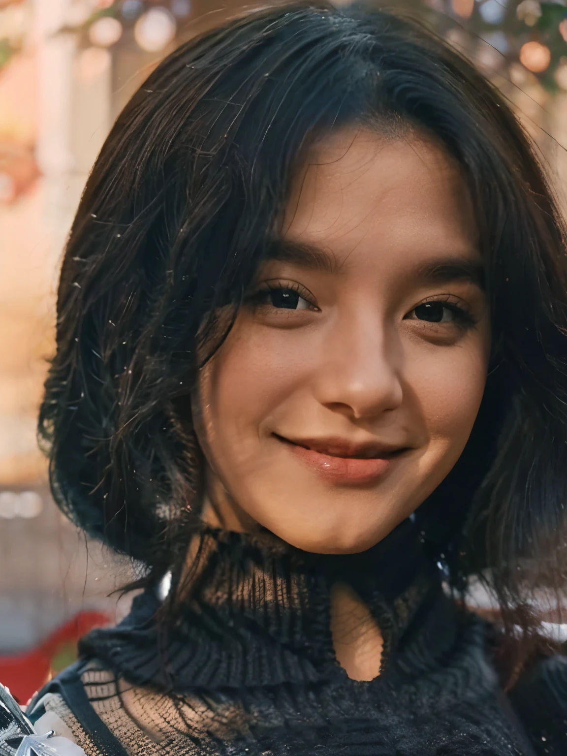 Mulher branca dos cabelo preto cacheado, cheinha rosto redondo , com roupa de outono sorrindo em um lugar iluminado e bonito