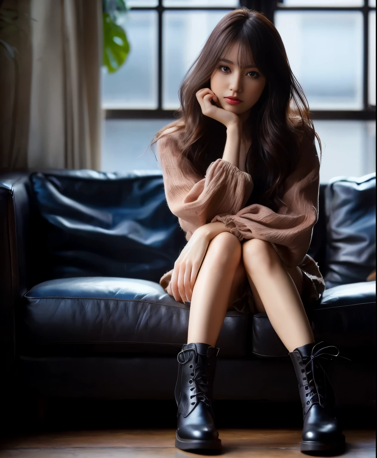 (best quality,4k,8k,highres,masterpiece:1.2),ultra-detailed,(realistic,photorealistic,photo-realistic:1.37),cinematic lighting,Surrealism,Sit on a dark sofa,20-year-old,Wearing boots,Blurred background,Wear a shirt and skirt,attractive woman,Soft gaze