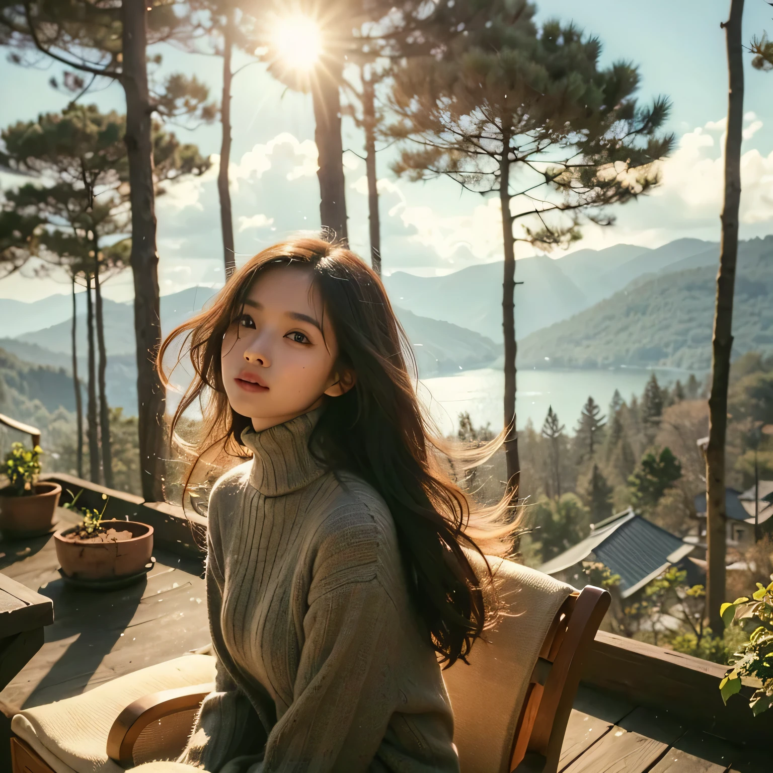 Pictorialist photography , 20s Indonesian beauty woman with long hair flaps style , sitting on a chair in sitting on the rooftop of a pine forest mountain villa , in a breezy spring day , wearing turtleneck sweater . Bright sunlight streams between the trees delicate vines, casting wavering shadows on the woman's face . serene a pine forest mountain view , with the lake visible from a distance , enjoying the warm sunshine around her and the light breeze ruffling her hair, golden hour , soft focus , dreamy haze , graceful smile , graceful pose , high-quality , exotic , tranquil , shot on Canon EOS 6D Mark III , skin texture , detailed face ,ultra detailed background , hight resolution , pictorialist style