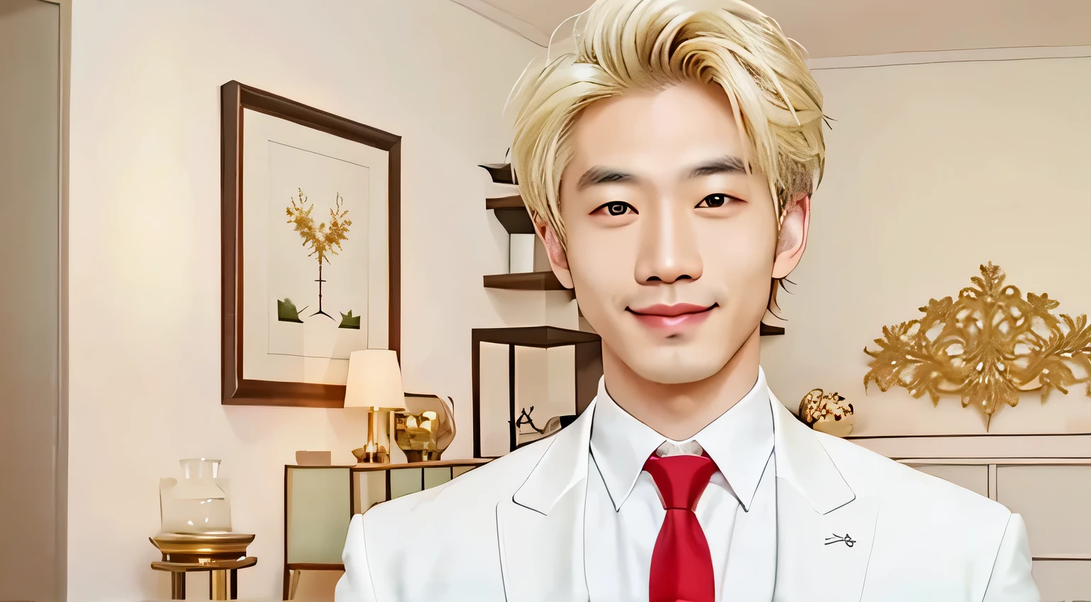 an asian man, smirking, with blonde hair, green eyes, white suit, red tie, UHD