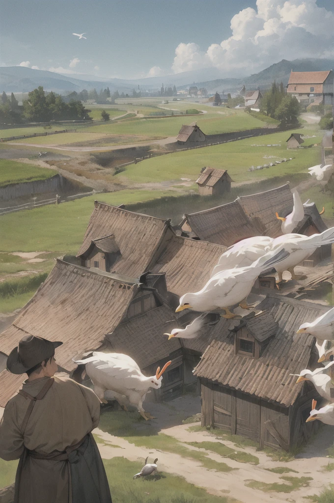 man, 欧洲middle Ages，farmer，dim，Western dragon，farmer,livestock，animal，ox，sheep，dog，pig，Chicken and duck，farmland，village， Keep, outdoor, bird, permanent, cloud,  arms, from behind, Sky, cloudy Sky, animal, Keep arms, Western dragon, monster, 1other, have, FOG,  middle Ages，farmland，river，war