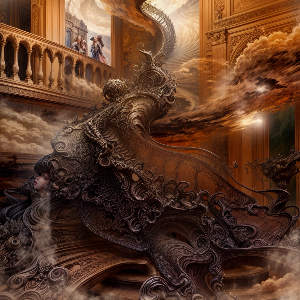 a close up of a staircase in a building with a painting on the wall, intricate castle interior, inside an epic gothic castle, gothic mansion room, gothic mansion, gothic interior, ornate and detailed, wide grand staircase, staircase, located in a castle, great masterpiece, wooden stairs, in a high renaissance style, 1 staircase, elegant and ornate, staircases