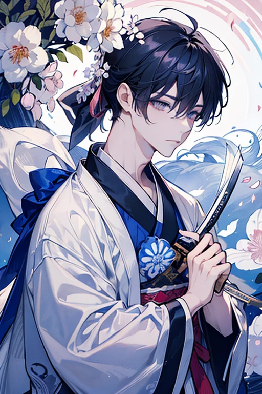 Homen, espadachins, com kimono branco, com uma katana, embaixo de uma arvore de sakura, com a luz da lua ao fundo, com cabelos branco e roxo, orelha e calda de raposa