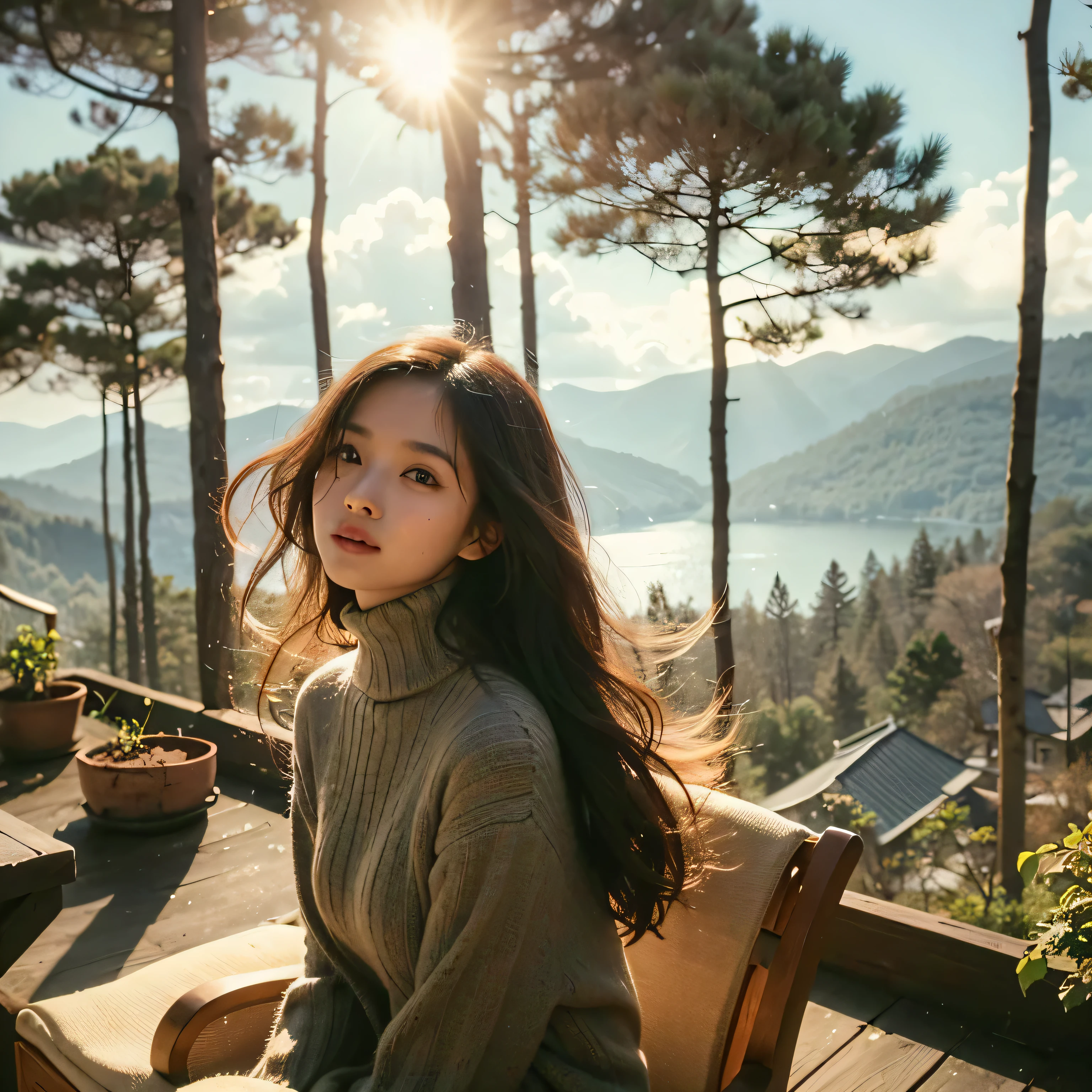 Pictorialist photography , 20s Indonesian beauty woman with long hair flaps style , sitting on a chair in sitting on the rooftop of a pine forest mountain villa , in a breezy spring day , wearing turtleneck sweater . Bright sunlight streams between the trees delicate vines, casting wavering shadows on the woman's face . serene a pine forest mountain view , with the lake visible from a distance , enjoying the warm sunshine around her and the light breeze ruffling her hair, golden hour , soft focus , dreamy haze , graceful smile , graceful pose , high-quality , exotic , tranquil , shot on Canon EOS 6D Mark III , skin texture , detailed face ,ultra detailed background , hight resolution , pictorialist style