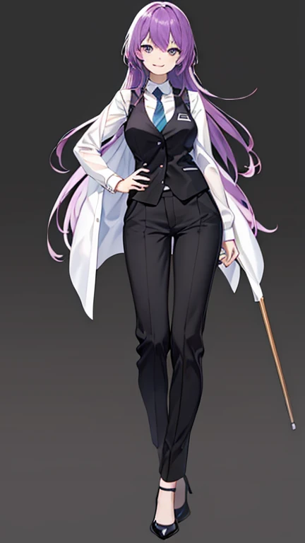 Purple haired woman,long hair,bartender,Black vest,shirt,tie,slightly larger breasts,pants,high heels,simple background,smile,whole body,full body,full body,Standing picture,vtuber,front,from front,viewer&#39;point of view,視線をfrontに,Stand with your body straight and looking straight ahead,