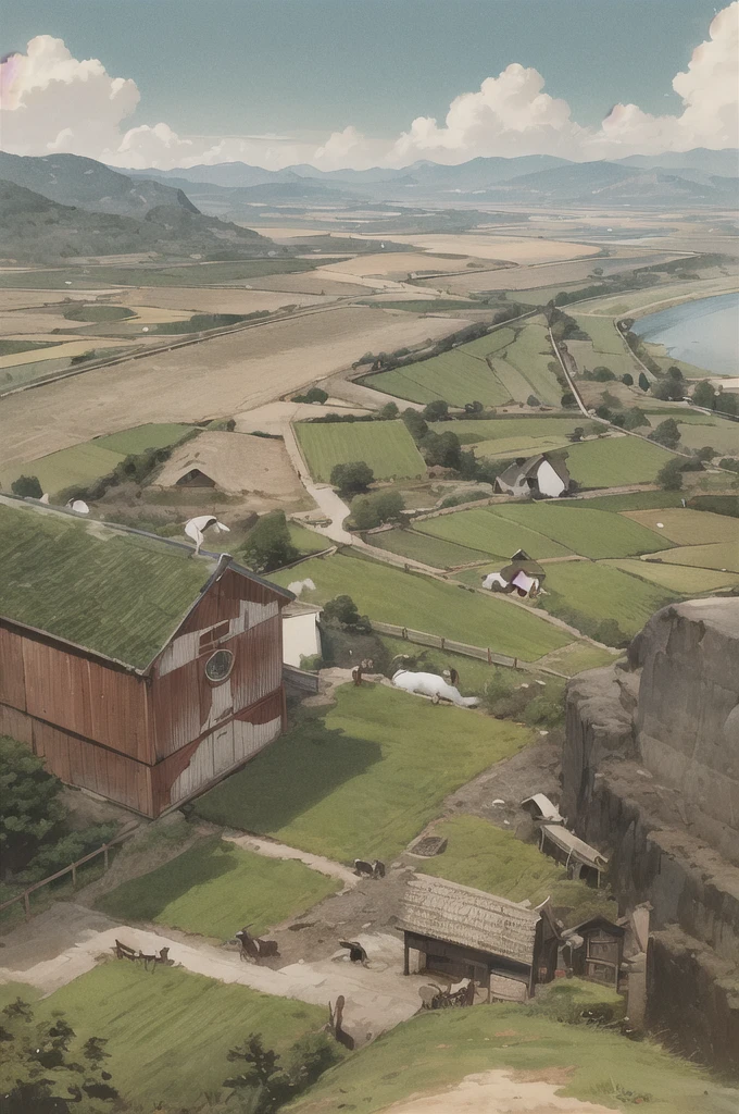 man, 欧洲middle Ages,farmer,dim,Western dragon,farmer,livestock,animal,ox,sheep,dog,pig,Chicken and duck,farmland,village, Keep, outdoor, bird, arms, Sky, 云y Sky, animal, Keep arms, Western dragon, 1other, have, FOG, middle Ages,farmland,river,war