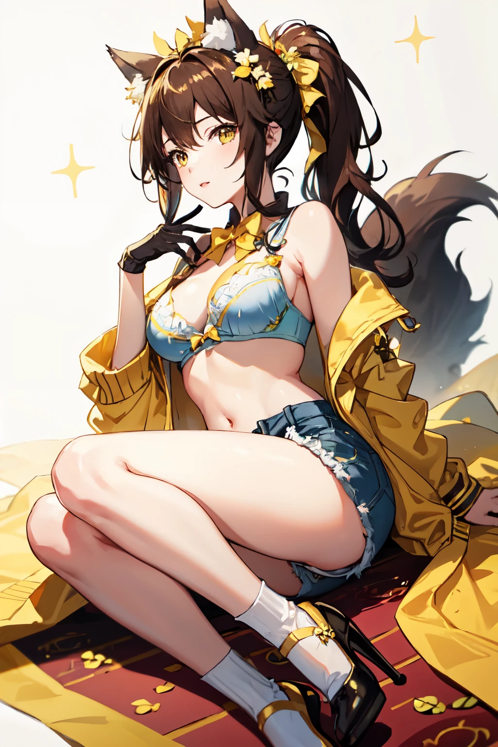 1 girl, anime, solo, brown hair, big ponytail, wolf ears and tail, 2 roses on both sides of her head, leaf crown, blue shorts with open button, yellow bra, yellow panties, yellow bow on right chest, black starry jacket, high socks, pink sparkly heels